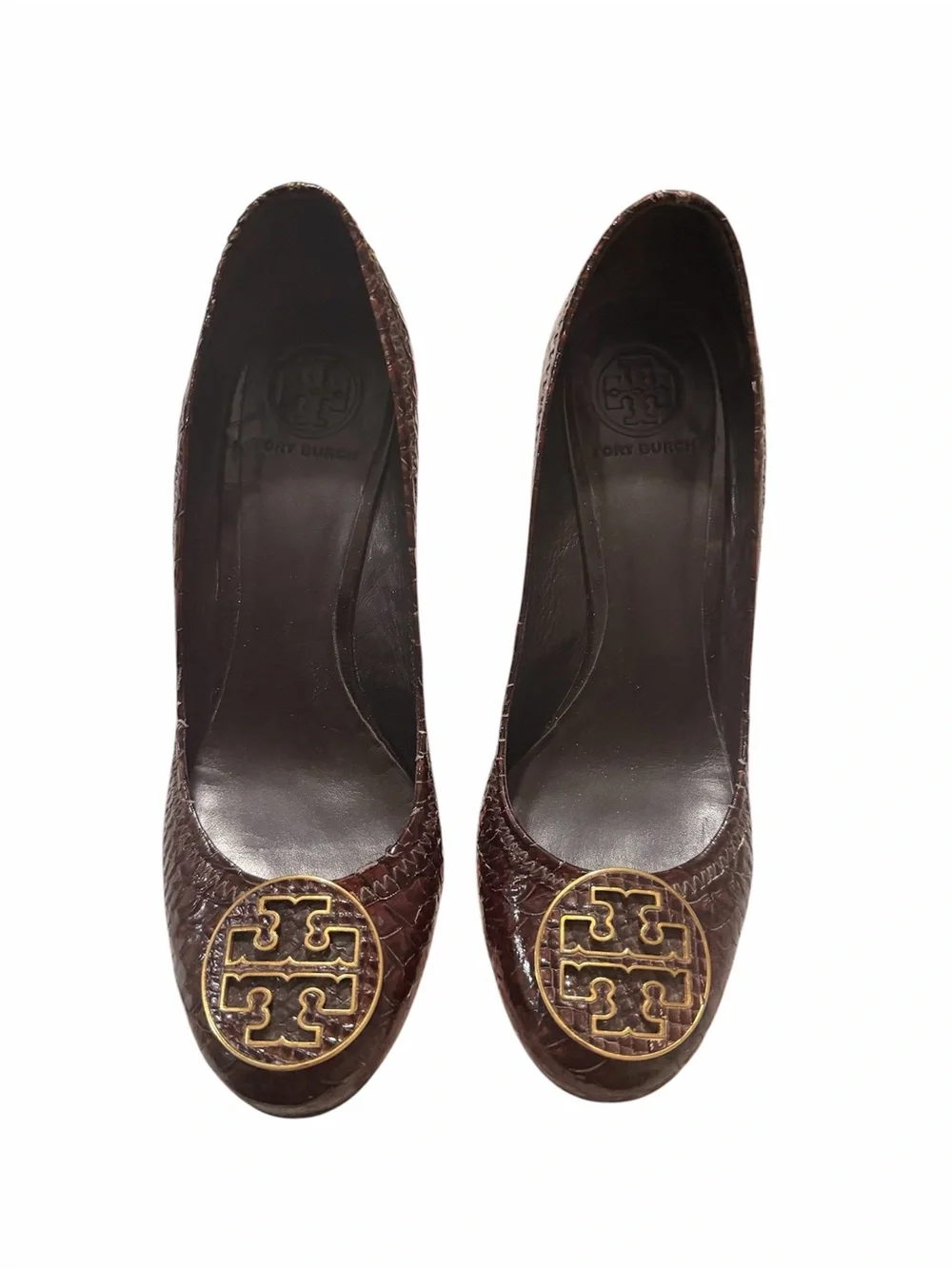Tory Burch Dark Brown Leather Heels with Gold Logo